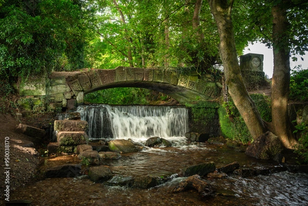 Fototapeta An arched stone bridge and waterfall at Slitting Mill, Rugeley on the Heritage Trail.