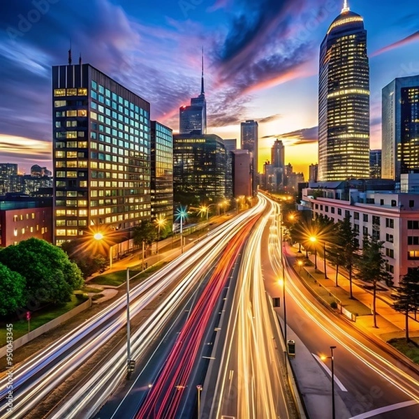 Fototapeta Warm light trails on a cityscape night