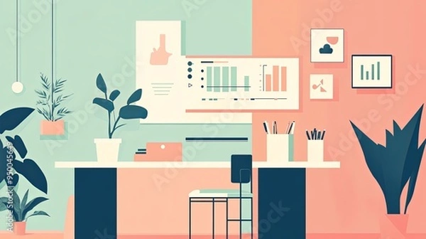 Obraz "Strategic Social Media Growth: Modern Workspace, Minimalist Aesthetic, Digital Marketing Insights, and Room for Text Overlay"

