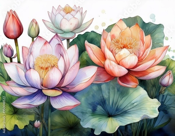 Fototapeta Lotus flowers at various stages of bloom are depicted in detailed watercolors.