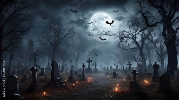 Fototapeta Haunted forest graveyard with bats and terrifying trees hosts a spooky Halloween. Background for Happy Halloween.