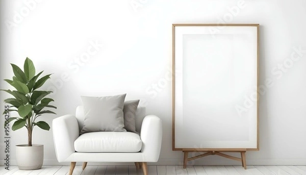 Fototapeta A white armchair with wooden legs in a minimalist room with a large empty white frame on the wall.