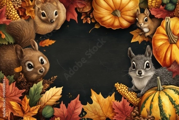 Fototapeta colorful thanksgiving animals kids vector border with seamless pattern of autumn leaves, turkey, corn, pumpkin, hedgehog, and squirrel