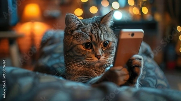 Fototapeta Smart Cat Holding Smartphone Looking at Camera – Funny Pet Using Phone Photography

