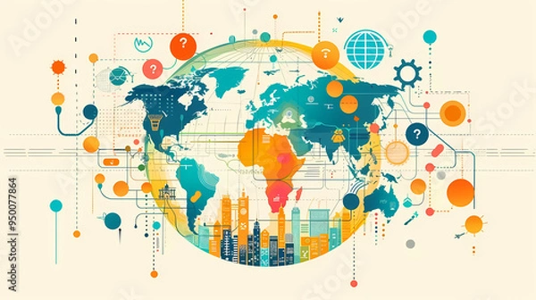 Fototapeta 2d illustration world map abstract background.Global network connection. World map point and line composition concept of global business.