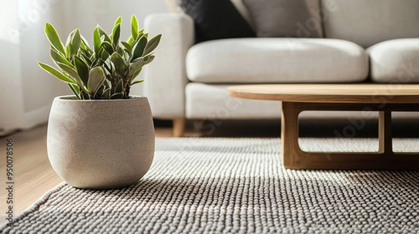 Fototapeta Modern interior. This is a close-up photo of a small table and flower pot as Scandinavian interior accessories.
