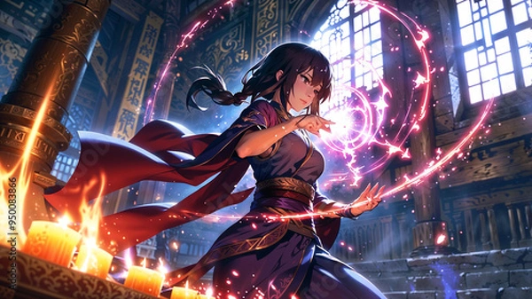 Obraz An anime mage casts a powerful spell in a mystical temple, with swirling magical energy and ancient runes glowing on the walls, showcasing arcane power.