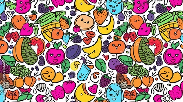 Fototapeta Sweets and fruits as background in 2D illustration.