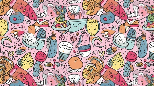 Fototapeta Sweets and fruits as background in 2D illustration.