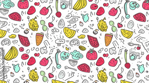 Fototapeta Sweets and fruits as background in 2D illustration.