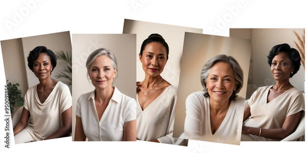 Fototapeta multi ethnic group of women of menopause age satisfied, confident and happy over white isolated background 