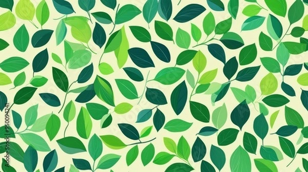 Fototapeta A green leafy pattern with a white background. The leaves are all different sizes and shapes. The pattern is very intricate and detailed