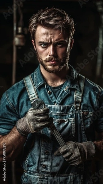 Fototapeta A mechanic in overalls, holding a wrench, determined look