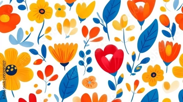 Fototapeta A colorful floral pattern with blue and yellow flowers. The flowers are arranged in a way that creates a sense of movement and energy. Scene is cheerful and uplifting