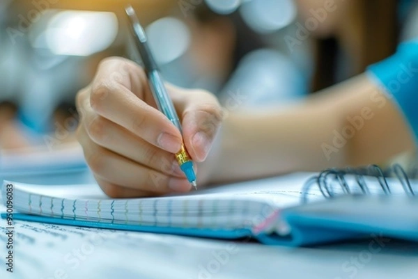Fototapeta A detailed shot of a student's hand writing in a fresh notebook