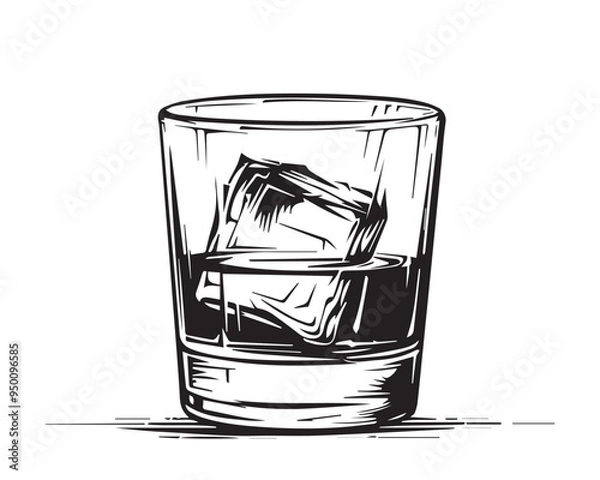 Obraz Hand Drawn Vintage Whiskey Glass with Ice Cubes Illustration in Woodcut Style
