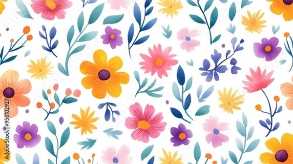 Fototapeta A colorful floral pattern with a variety of flowers and leaves. The flowers are in different colors and sizes, and the leaves are also varied in size and shape. Scene is cheerful and vibrant