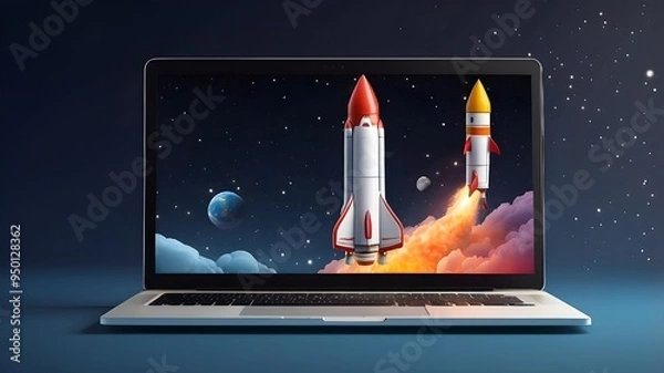 Fototapeta PNG transparent background is used in this digital illustration of a laptop and rocket.