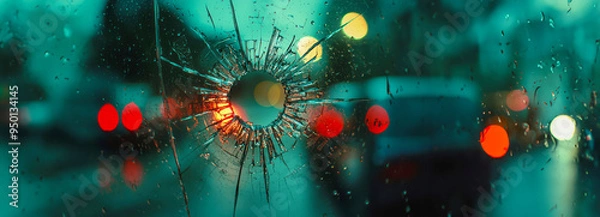Fototapeta Broken Glass Intense Police Encounter with Bullet Hole and Flashing Lights