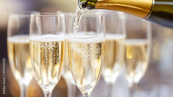 Obraz Close-Up Pouring Champagne into Glasses. Close-up of champagne pouring into glasses, ideal for celebrations.