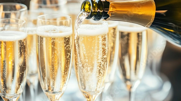 Obraz Close-Up Pouring Champagne for Toast. Pouring champagne into glasses, suitable for celebrations and festive events.