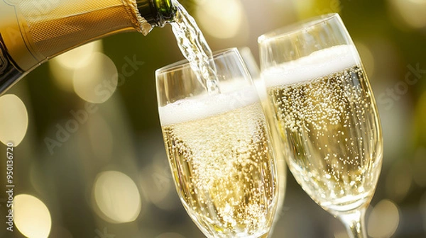 Obraz Close-Up Pouring Champagne Festive Celebration. Close-up of champagne being poured into flutes, ideal for celebrations and festive events.