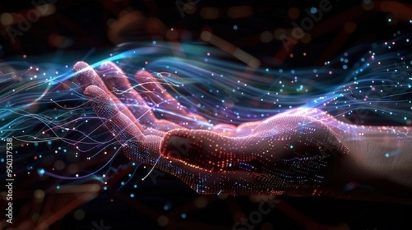 Fototapeta A hand immersed in a flowing stream of glowing digital information, with data lines converging on the palm, illustrating control and navigation within a virtual data environment.