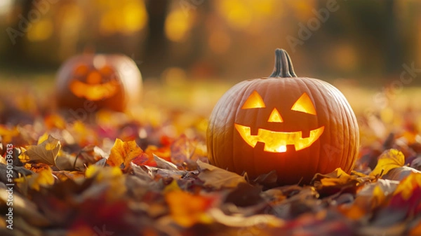 Fototapeta 秋の葉が乗ったジャックオーランタンのクローズアップ