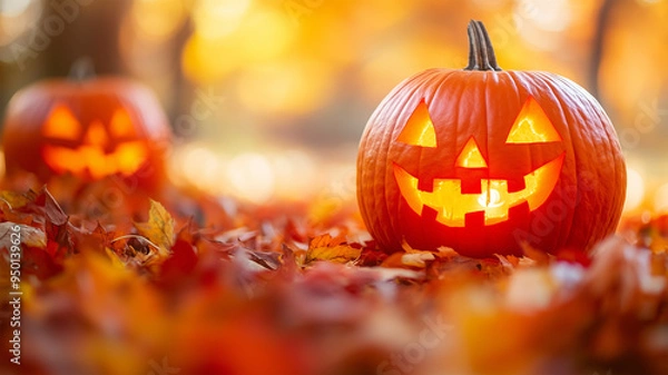 Fototapeta 秋の葉が乗ったジャックオーランタンのクローズアップ