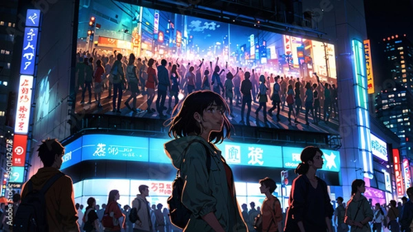 Obraz A group of anime friends enjoys a night out in a bustling city, with one pointing at a massive digital billboard, highlighting the excitement of urban nightlife.