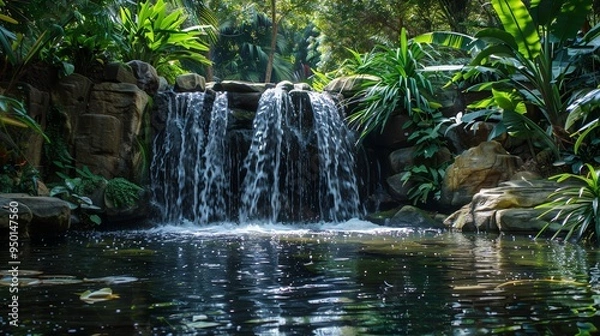 Fototapeta A small waterfall flows into a pond surrounded by lush greenery.
