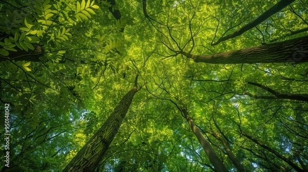 Fototapeta Lush verdant tree canopy providing cool soothing shade in a picturesque forest landscape  The dense foliage filters the sunlight creating a serene calming atmosphere perfect for rest and rejuvenation
