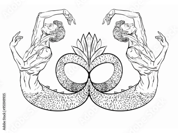 Obraz Elegant mermaid boys, decorative pattern or nautical decoration, black and white