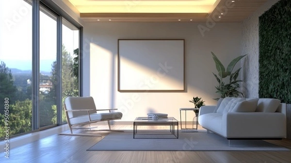 Obraz Modern, well-lit interior with an empty picture frame on the wall. Created using 3D rendering software.