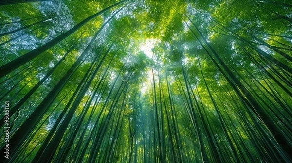 Fototapeta Serene Bamboo Forest with Tall Slender Stalks and Glowing Sunlight Rays Casting a Peaceful Tranquil Atmosphere in the Lush Green Landscape