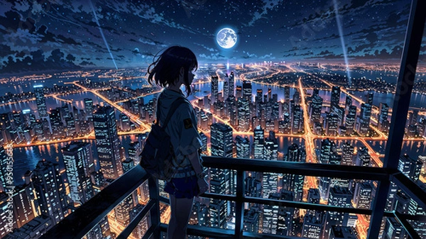 Obraz An anime character stands on a skyscraper rooftop, gazing out over the glowing cityscape below, with a clear night sky and full moon creating a serene atmosphere.