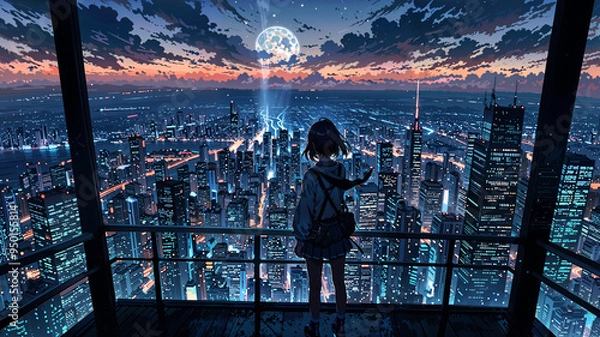 Obraz An anime character stands on a skyscraper rooftop, gazing out over the glowing cityscape below, with a clear night sky and full moon creating a serene atmosphere.
