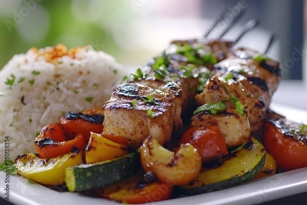 Fototapeta Grilled Chicken Skewers with Rice and Vegetables
