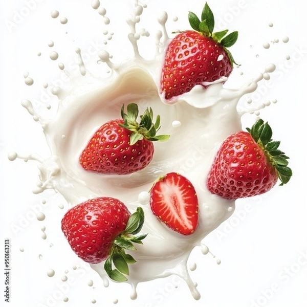 Fototapeta Splashing fresh strawberries into creamy milk, smoothies, or yoghurt, sliced