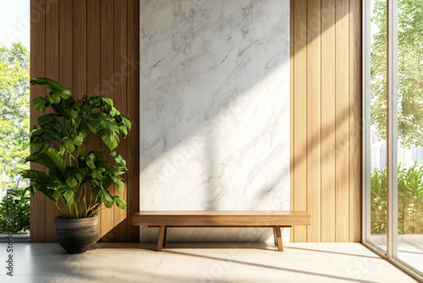 Fototapeta Minimalist interior design of wood and stone in a modern hallway with a large window