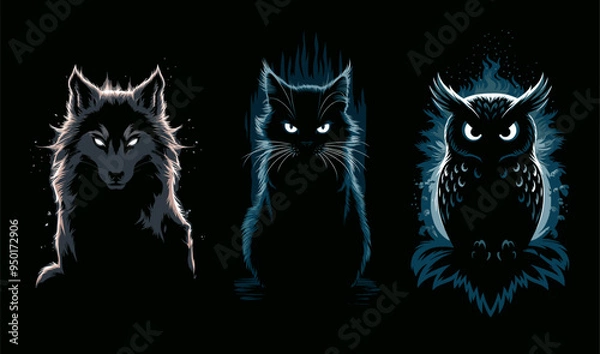 Fototapeta Vector Halloween animal silhouette set . A cat, wolf and owl with glow contours on black background.