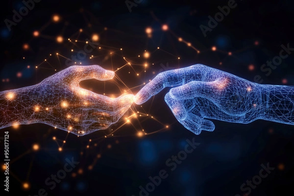 Obraz Digital Hands Reaching in Virtual Space with Glowing Particles