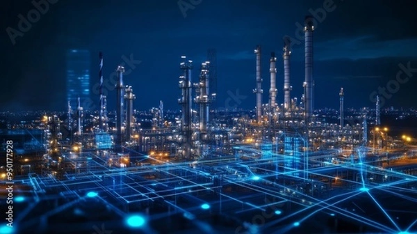 Fototapeta Industrial Complex at Night with Digital Network Overlay.