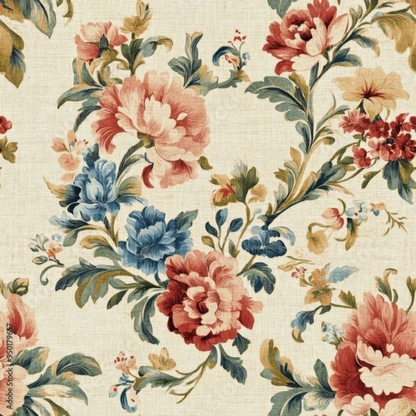 Fototapeta Vintage Baroque floral medallion pattern on vintage beige fabric background, seamless repeating pattern, textile print style, minimal, Baroque design, seamless floral medallion pattern, home decor