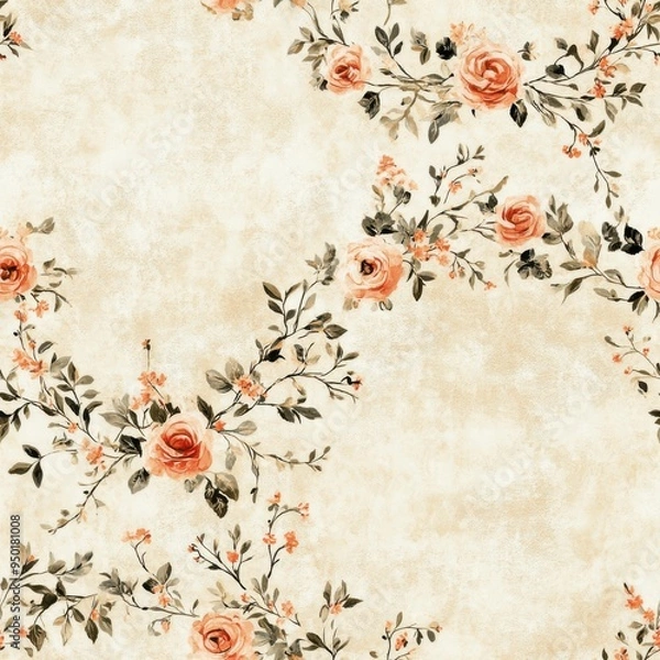 Fototapeta Vintage Baroque floral wreath pattern on vintage beige fabric background, seamless repeating pattern, textile print style, minimal, Baroque design, seamless floral wreath pattern, home decor, textiles