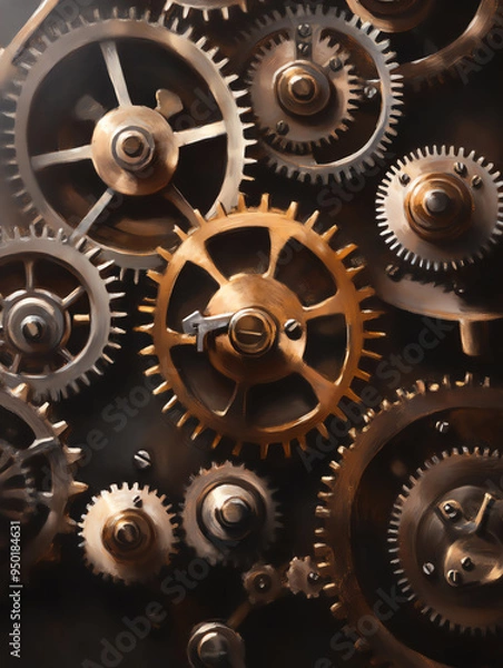Fototapeta Close-up view of interlocking metallic gears and cogs, showcasing the intricate mechanics of machinery and engineering concepts.