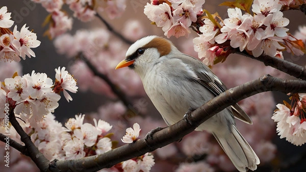 Obraz A birds perched on a branch cherry blossoms.