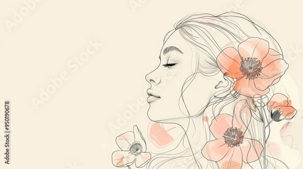 Fototapeta Elegant line drawing of a woman adorned with flowers, perfect for invites and cards