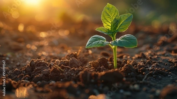 Fototapeta Golden Sunlight Seedling: Fresh Growth in Fertile Soil