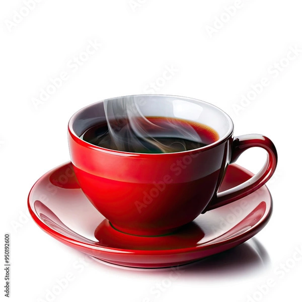 Fototapeta A steaming cup of coffee in a red mug sits on a matching saucer, isolated against a white background
